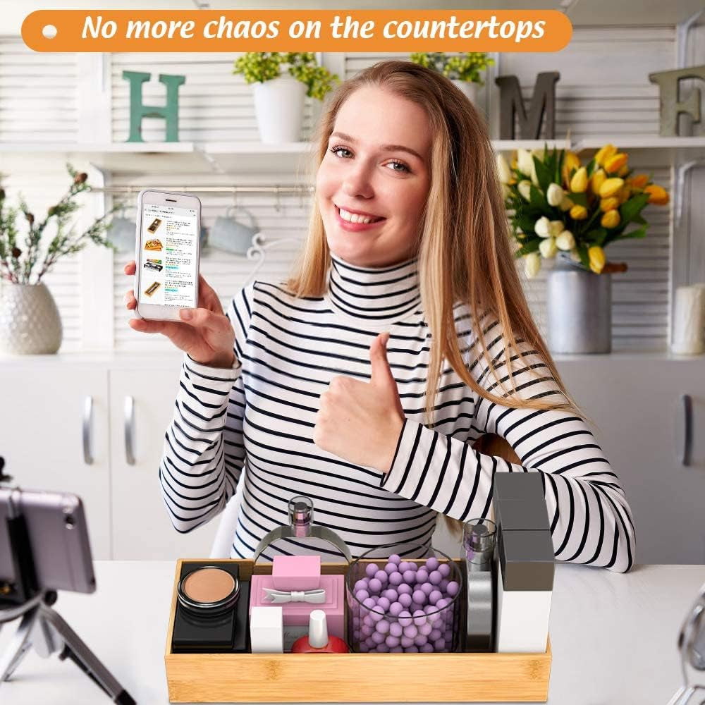 Bathroom Vanity Tray Organizer Bamboo, Small Wood Tray for Counter Kicthen Drawer, Rectangular Toilet Paper Storage Basket Box, Guest Sink Tray Decor, Bathroom Accessories 15" X 6" X 2.5"