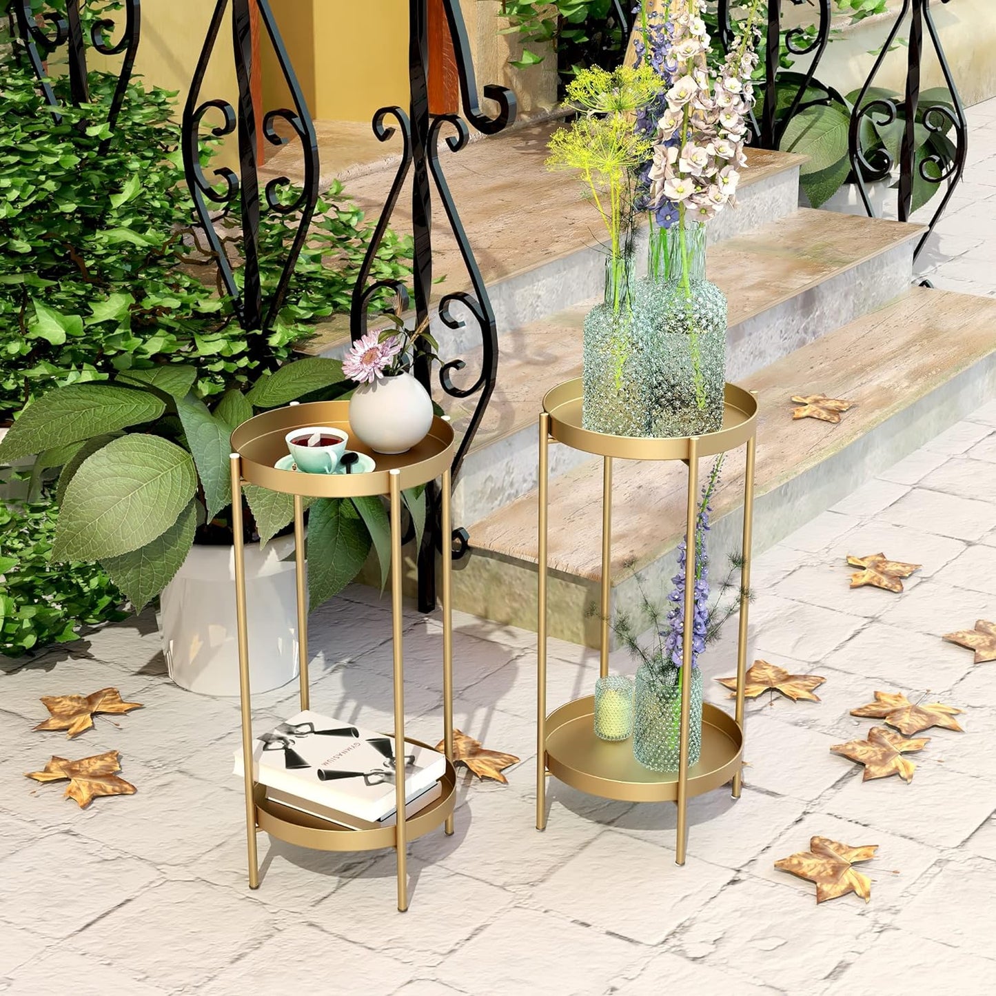Plant Stand Indoor Outdoor - Flower Pot Holder Metal Plant Rack Organizer, 2 Tiers Tall Plant Display Storage Shelf Table for Home Garden Patio Bathroom Office Living Room Balcony Corner (Gold)